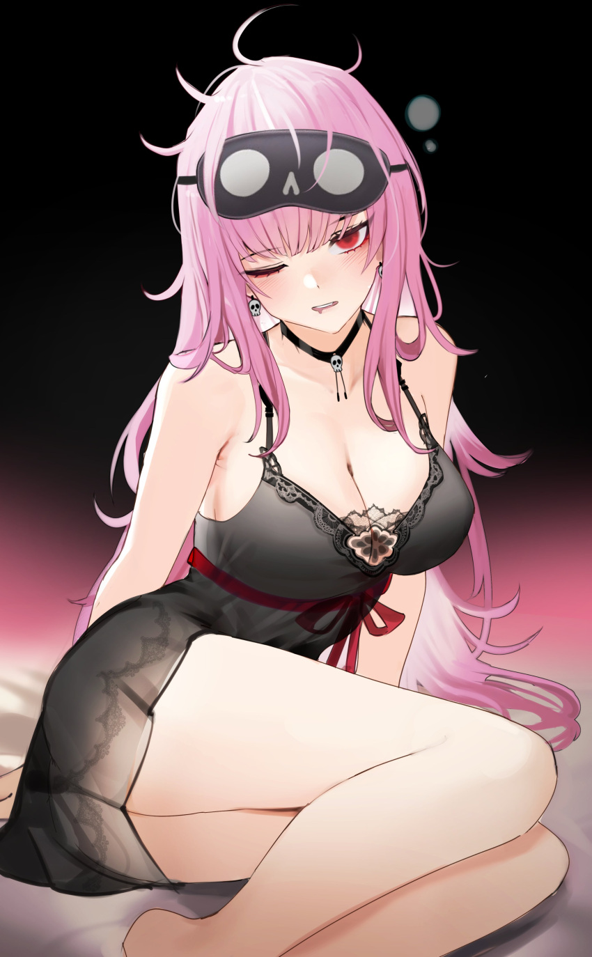 1girl absurdres bare_shoulders black_choker black_nightgown blush breasts choker cleavage earrings highres hololive hololive_english jewelry large_breasts messy_hair mori_calliope nightgown official_alternate_costume one_eye_closed open_mouth pink_hair red_eyes skull_earrings sleep_mask solo thighhighs virtual_youtuber zeragoes zerawidjaja