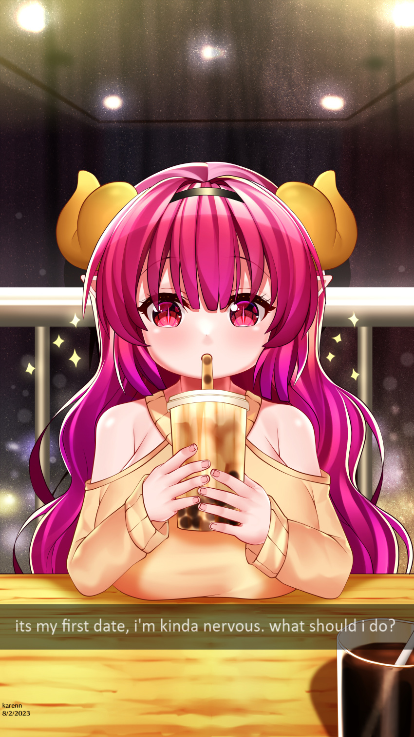 1girl absurdres breasts bubble_tea clothing_cutout cup disposable_cup dragon_girl dragon_horns drinking drinking_straw drinking_straw_in_mouth english_text highres holding holding_cup horns huge_breasts ilulu_(maidragon) karenn kobayashi-san_chi_no_maidragon long_hair long_sleeves pointy_ears purple_eyes purple_hair shortstack shoulder_cutout snapchat solo sweater very_long_hair yellow_sweater