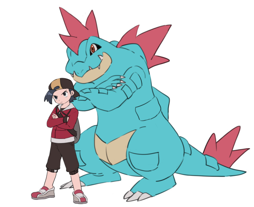 1boy angry backwards_hat bag baseball_cap black_eyes black_hair black_pants black_shirt crossed_arms ethan_(pokemon) feraligatr frown hat highres jacket male_focus pants pokemon pokemon_(game) pokemon_gsc red_footwear red_jacket samepaku shirt short_hair shoulder_bag simple_background solo white_background