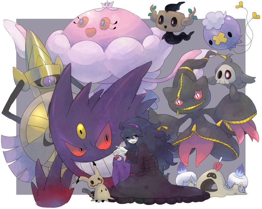 1girl @_@ aegislash ahoge bags_under_eyes banette black_hair border dress drifloon duskull fingernails gengar hairband handkerchief hex_maniac_(pokemon) highres holding holding_poke_ball jellicent jellicent_(female) kneeling litwick long_dress long_hair mega_banette mega_gengar mega_pokemon messy_hair mimikyu pale_skin parted_lips phantump poke_ball pokemon pokemon_(game) pokemon_xy purple_hairband samepaku sandygast sharp_fingernails white_border