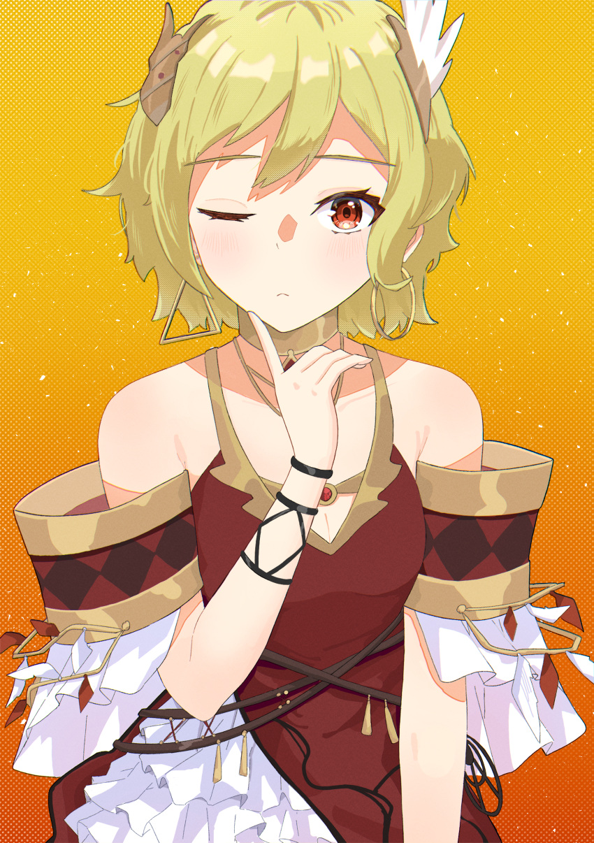1girl absurdres bare_shoulders blonde_hair blush citrinne_(fire_emblem) commentary_request dress earrings fire_emblem fire_emblem_engage hair_ornament highres hoop_earrings jewelry ka_maru looking_at_viewer neck_ring one_eye_closed orange_background red_dress red_eyes short_hair short_sleeves solo upper_body