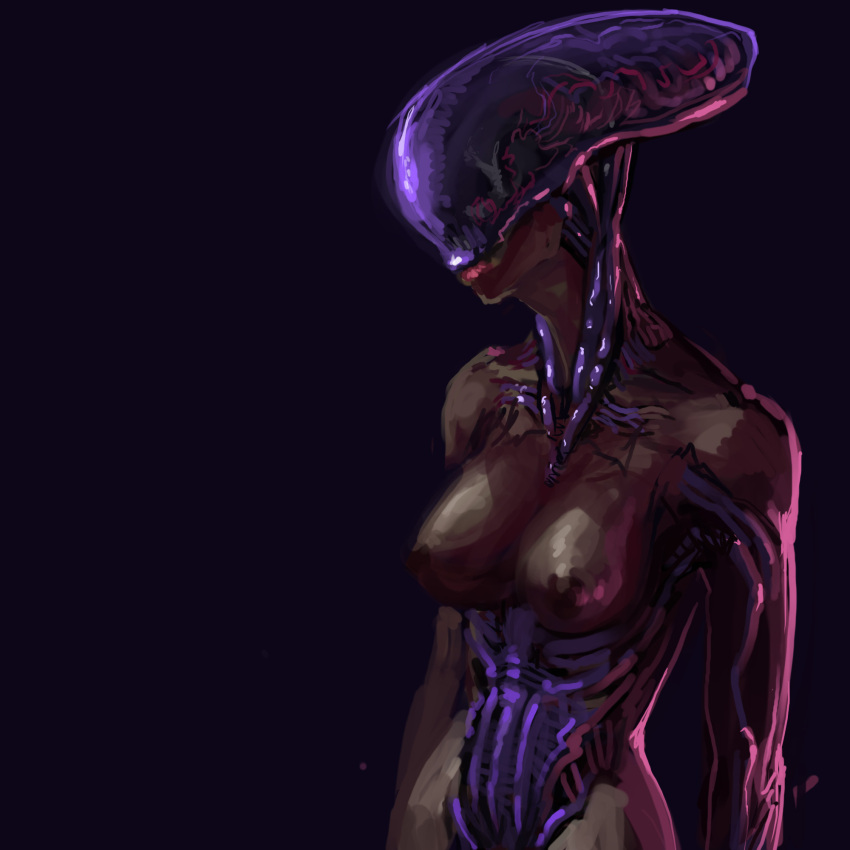 alien areola breasts eyeless female hi_res humanoid lips meandraco nipples noseless nude purple_body purple_skin simple_background solo