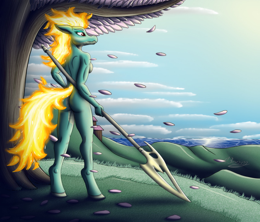 2021 amber_eyes anthro anthrofied asian_mythology biped bomzzzik breasts butt cherry_blossom chinese_mythology detailed_background digital_drawing_(artwork) digital_media_(artwork) east_asian_mythology female fire flaming_hair flaming_tail green_body green_scales hooves hybrid longma looking_away melee_weapon mythology nude plant polearm pseudo_hair rear_view scales scalie side_boob signature solo spear them's_fightin'_herds tianhuo_(tfh) tree unguligrade_anthro warrior weapon