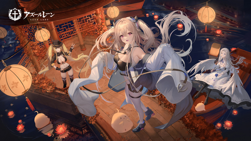 3girls :d anchorage_(azur_lane) architecture azur_lane bangs bare_shoulders belt bikini bikini_top_only bird black_bikini black_choker black_footwear black_gloves black_headwear black_jacket black_shorts black_thighhighs blonde_hair blue_coat blue_eyes blue_flower blue_ribbon blue_rose breasts brown_hair chick choker cleavage coat commentary cowboy_hat crossed_bangs dress east_asian_architecture feathered_wings fingerless_gloves flower fold-over_boots front-tie_bikini_top front-tie_top full_body gloves green_eyes grin hair_between_eyes hair_ornament hand_on_hip hands_up hat headgear highres holding holding_flower hornet_(azur_lane) hornet_ii_(azur_lane) jacket lantern large_breasts loading_screen logo long_hair long_sleeves looking_at_viewer low_neckline low_wings manjuu_(azur_lane) micro_shorts multiple_girls navel neck_ribbon night official_art one_eye_closed open_mouth paper_lantern parted_bangs puffy_long_sleeves puffy_sleeves purple_eyes ribbon rose shadow shirt short_shorts short_sleeves shorts shrug_(clothing) sidelocks skindentation sleeveless sleeveless_shirt sleeves_past_wrists smile soho_(user_dphk5745) standing stomach swimsuit teeth thigh_strap thighhighs twintails v very_long_hair very_long_sleeves water white_dress white_hair white_shirt wings yellow_belt yorktown_(azur_lane) yorktown_ii_(azur_lane)