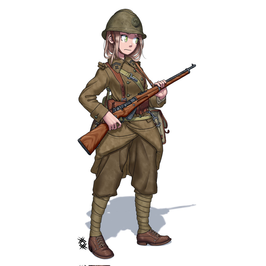 1girl adrian_helmet berthier_rifle france french_army green_eyes helmet highres history leg_wrap military military_helmet original ostwindprojekt puttee soldier uniform world_war_ii