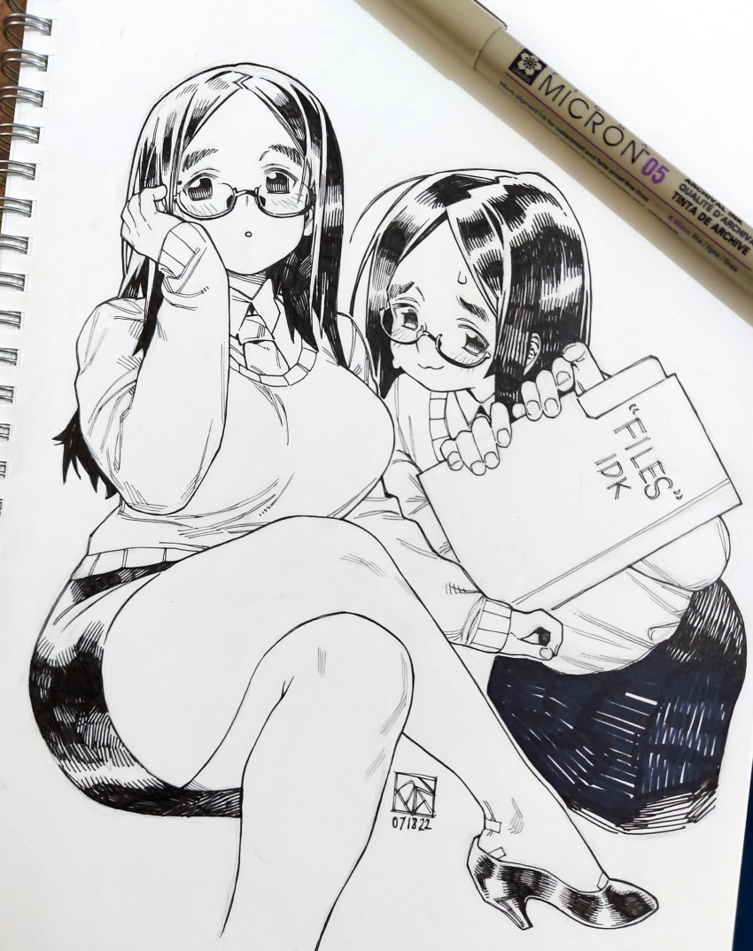 1girl :3 bandaid bent_over breasts commentary crossed_legs dated english_commentary folder glasses hair_down high_heels highres holding holding_folder ink_(medium) large_breasts miniskirt monochrome necktie original pencil_skirt photo_(medium) poch4n signature skirt sweater timid_office_lady_(poch4n) traditional_media