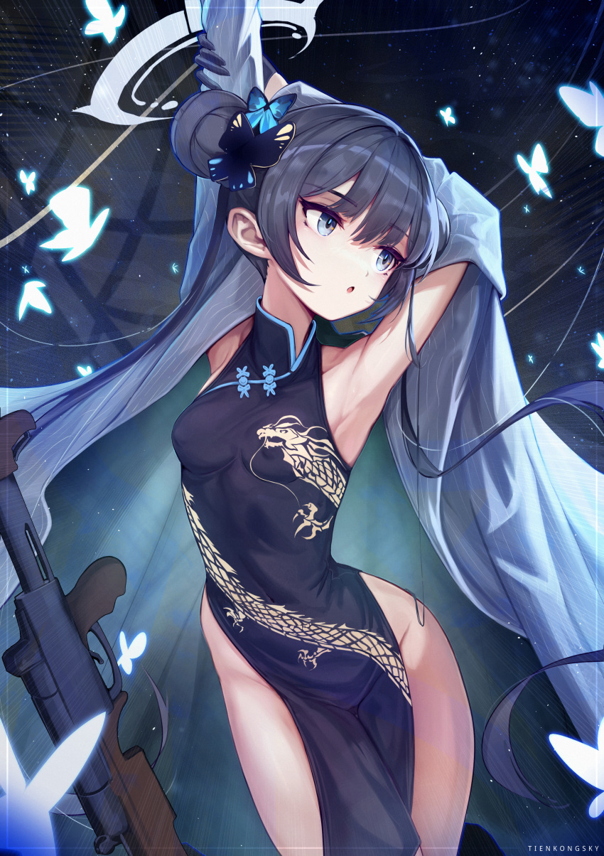 1girl :o absurdres armpits arms_up artist_name bangs black_coat black_dress black_hair blue_archive breasts bug butterfly butterfly_hair_ornament china_dress chinese_clothes coat covered_navel covered_nipples cowboy_shot cs/ls06 double_bun dress grey_eyes groin gun hair_bun hair_ornament halo highres holding_own_arm kisaki_(blue_archive) light_particles long_hair looking_to_the_side open_clothes open_coat open_mouth paid_reward_available pelvic_curtain sidelocks single_bare_shoulder skyxperish sleeveless sleeveless_dress small_breasts solo striped_coat submachine_gun thighs twintails weapon