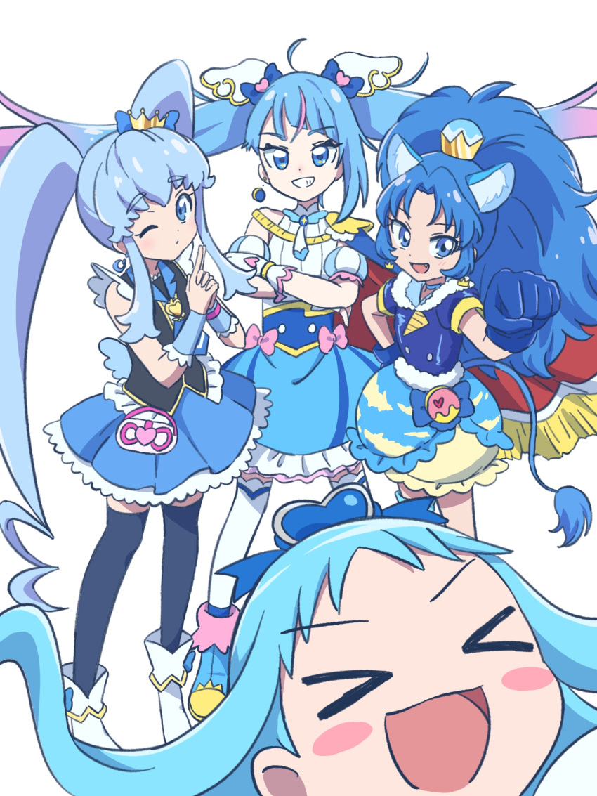 &gt;_&lt; 4girls animal_ears blue_choker blue_eyes blue_gloves blue_hair blue_skirt brooch bubble_skirt cape choker crown cure_gelato cure_marine cure_princess cure_sky detached_sleeves food gloves hair_ornament happinesscharge_precure! heart heart_brooch heart_hair_ornament heartcatch_precure! highres hirogaru_sky!_precure ice_cream jewelry kirakira_precure_a_la_mode kurumi_erika lion lion_ears lion_tail long_hair magical_girl mihikure06 mini_crown multiple_girls open_mouth pleated_skirt precure puffy_detached_sleeves puffy_sleeves shirayuki_hime shirt simple_background skirt sleeveless sleeveless_shirt smile sora_harewataru tail tategami_aoi twintails two-sided_cape two-sided_fabric very_long_hair vest white_background wing_hair_ornament