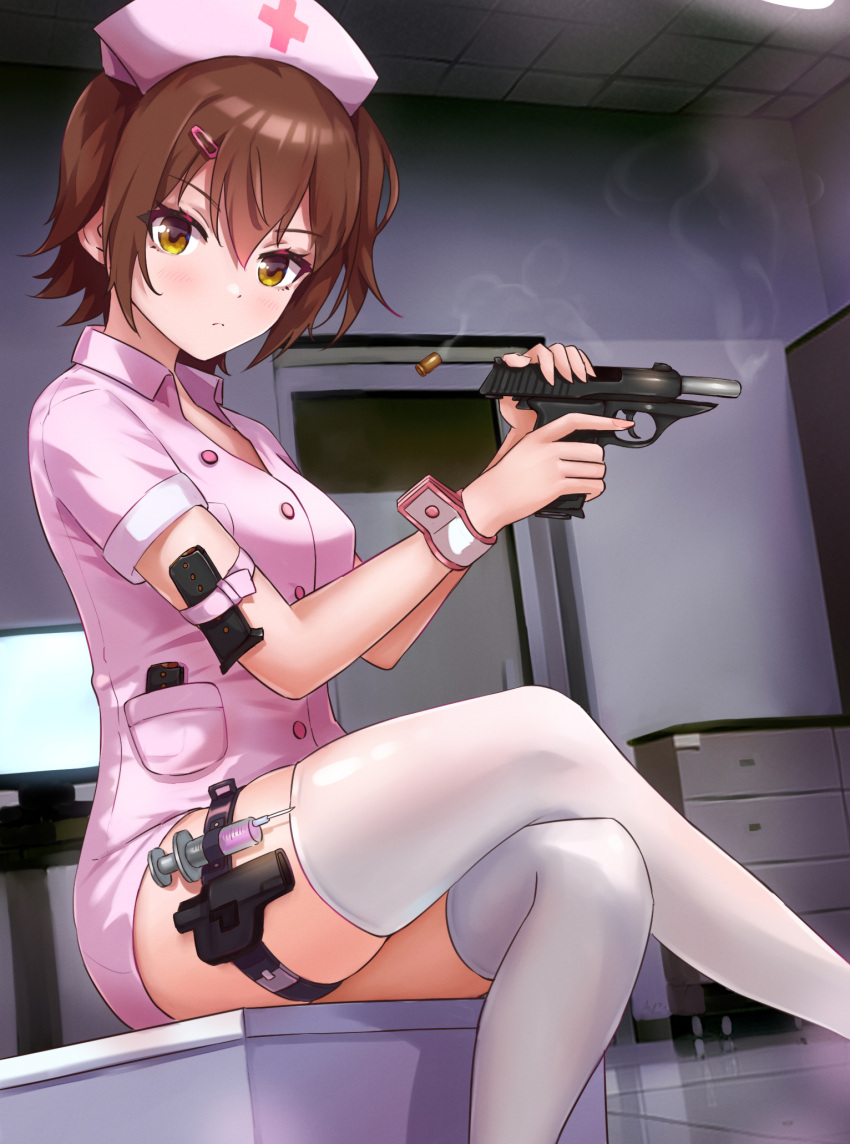 1girl arm_belt bangs brown_hair casing_ejection closed_mouth cocking_gun collared_dress commentary_request crossed_legs drawer dress feet_out_of_frame gun hair_between_eyes hair_ornament hairclip handgun hat highres holding holding_gun holding_weapon holster idolmaster idolmaster_million_live! indoors kasuga_mirai koaya leg_belt looking_at_viewer magazine_(weapon) nurse nurse_cap pink_dress pink_headwear pocket shell_casing short_hair short_sleeves sig_sauer sig_sauer_p230 sitting smoke smoking_gun syringe thigh_holster thighhighs thighs weapon weapon_request white_thighhighs wrist_cuffs yellow_eyes