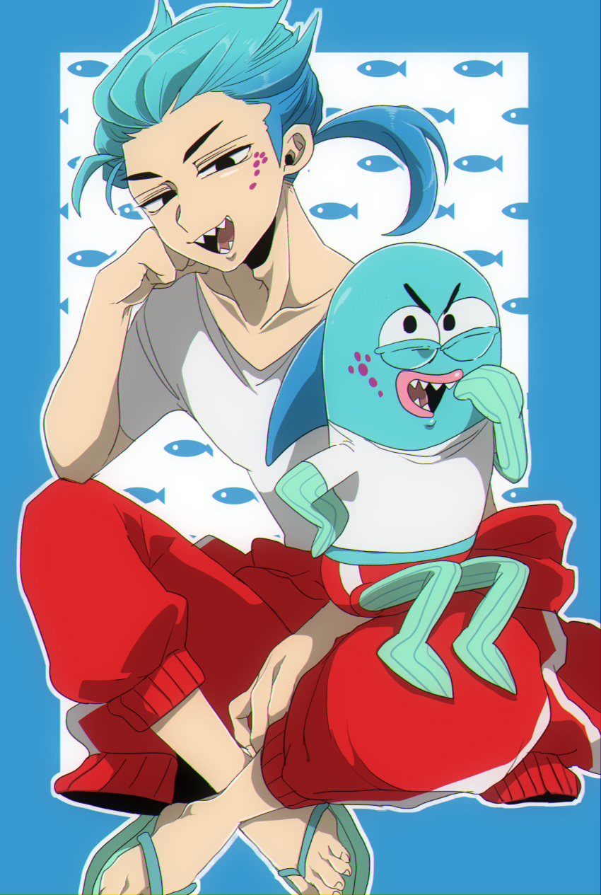 1boy absurdres blue_border blue_hair border clenched_hand collarbone creature_and_personification dorsal_fin extra facial_mark fins fish fish_boy flip-flops highres humanization incidental_40 male_focus multiple_persona open_mouth ponytail red_shorts sandals segawasa sharp_teeth shirt shorts sitting spongebob_squarepants t-shirt teeth white_shirt