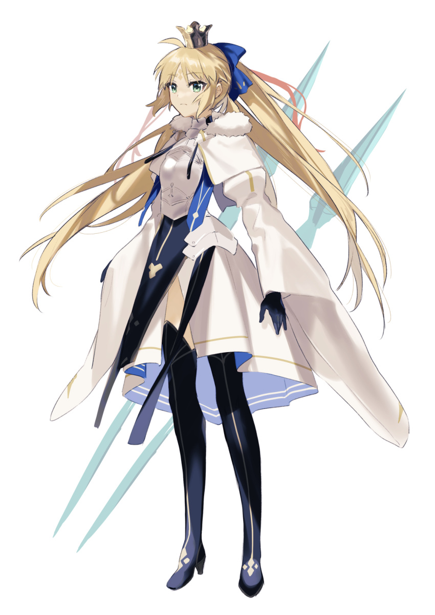 1girl ahoge armor armored_dress artoria_caster_(fate) artoria_caster_(third_ascension)_(fate) artoria_pendragon_(fate) bangs black_footwear black_gloves black_ribbon blue_bow blue_ribbon bow bracelet cape collar dress elbow_gloves fate/grand_order fate_(series) gloves green_eyes hair_bow highres jewelry long_dress long_fall_boots long_hair long_sleeves ornament red_ribbon rhombus ribbon rizu033 solo twintails white_cape white_fur
