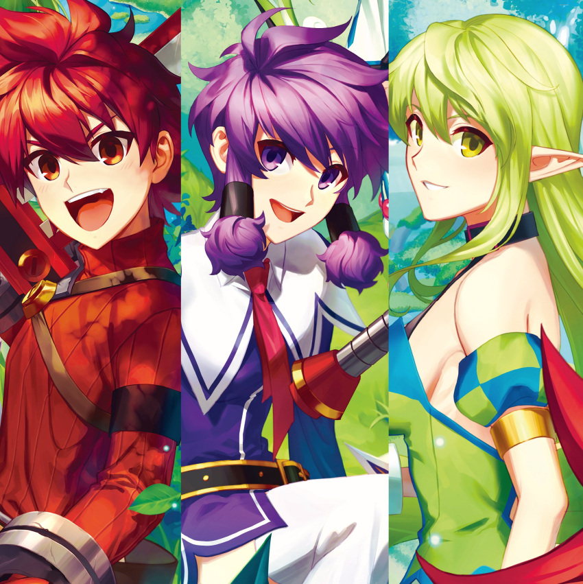 1boy 2girls aisha_landar bangs bare_shoulders belt black_belt breasts brown_belt commentary_request curly_hair dress elf elsword elsword_(character) green_dress green_eyes green_hair hair_between_eyes hair_tubes highres holding holding_sword holding_weapon knight_(elsword) korean_commentary leaf long_hair long_sleeves looking_at_viewer magician_(elsword) medium_breasts multiple_girls necktie nt_0803 open_mouth outdoors pointy_ears pointy_hair purple_dress purple_eyes purple_hair ranger_(elsword) red_eyes red_hair red_necktie red_sweater rena_erindel ribbed_sweater short_hair sidelocks smile sweater sword teeth thighhighs upper_teeth_only weapon white_thighhighs