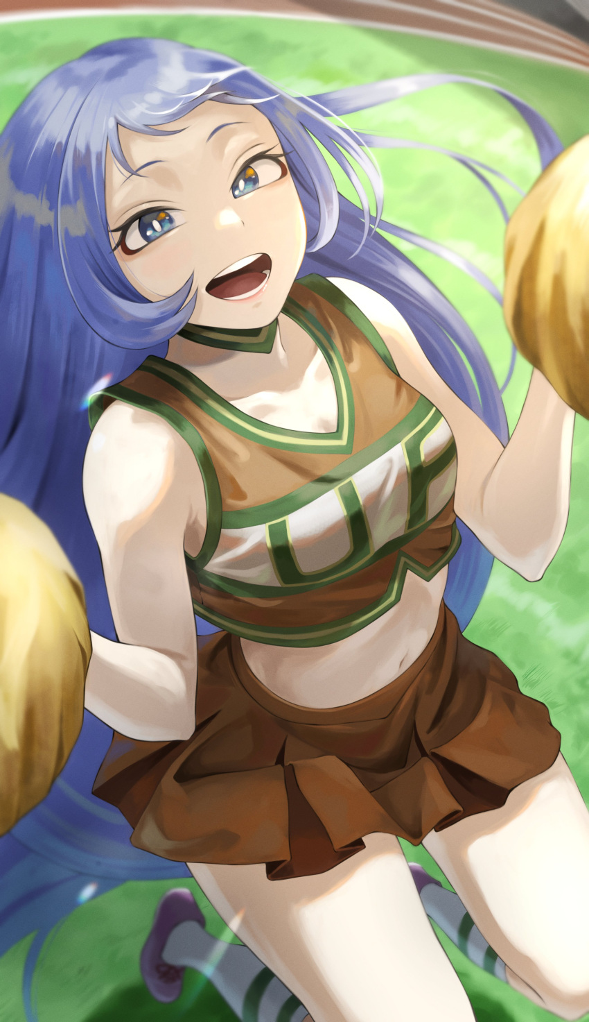 1girl :d absurdres alternate_costume blue_eyes blue_hair boku_no_hero_academia cheering cheerleader commentary_request crop_top fengling_(furin-jp) hadou_nejire highres jumping kneehighs long_hair looking_at_viewer navel open_mouth pom_pom_(cheerleading) short_hair skirt smile socks solo stomach u.a._cheerleader_uniform very_long_hair