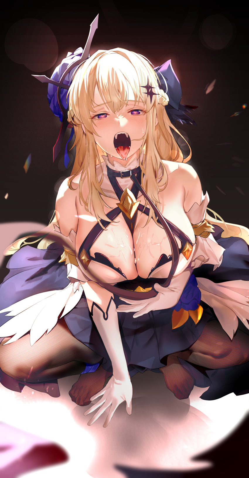 1girl absurdres bangs bare_shoulders black_pantyhose blonde_hair blush breasts cleavage commission gloves hat heart heart-shaped_pupils highres joboe long_hair open_mouth original pantyhose purple_eyes saliva solo spread_legs squatting symbol-shaped_pupils teeth tongue tongue_out white_gloves