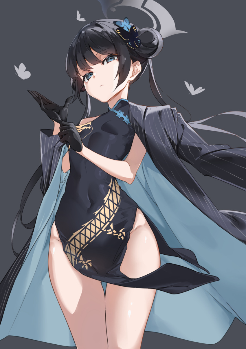1girl bangs bitterpain black_coat black_dress black_gloves blue_archive blue_eyes breasts bug butterfly butterfly_hair_ornament china_dress chinese_clothes closed_mouth coat coat_partially_removed covered_navel cowboy_shot dress frown gloves grey_background hair_bun hair_ornament halo hands_up highres kisaki_(blue_archive) long_hair looking_at_viewer pelvic_curtain putting_on_gloves sidelocks simple_background single_bare_shoulder sleeveless sleeveless_dress small_breasts solo striped_coat thighs twintails
