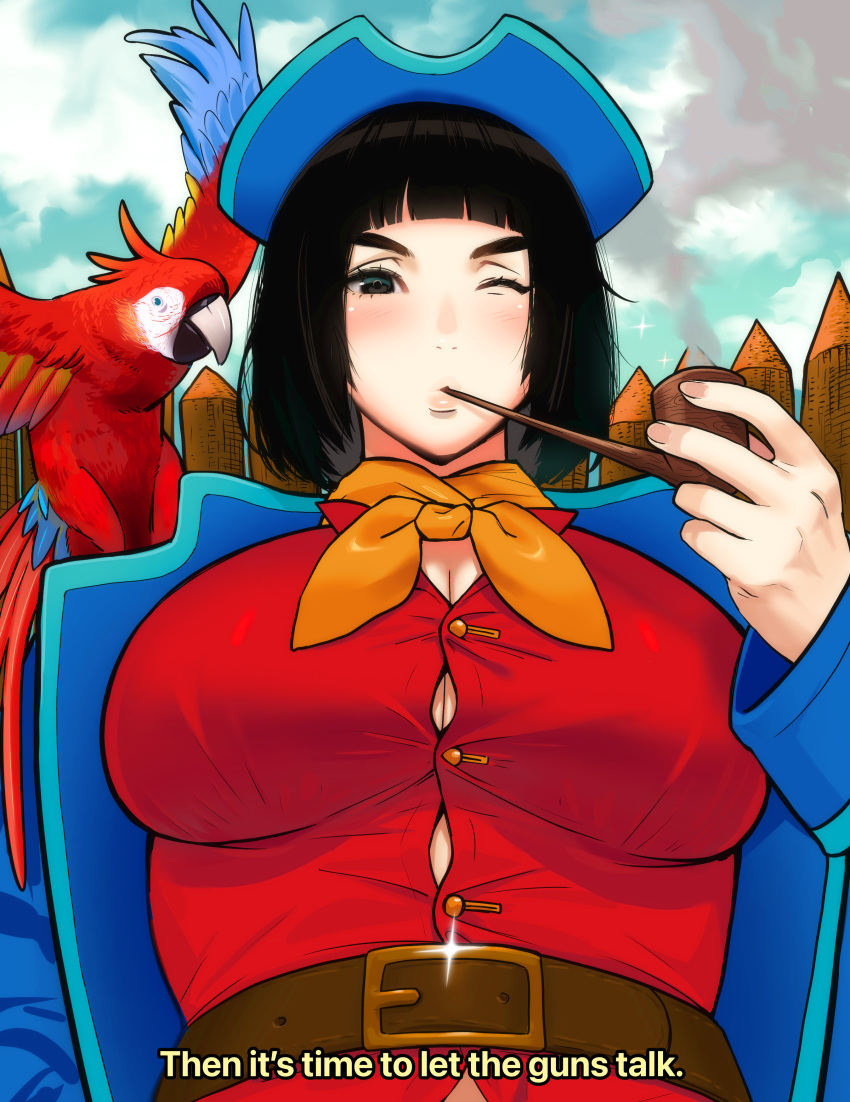 1girl aa2mee absurdres bangs belt bird black_eyes black_hair blue_coat blunt_bangs blush breasts bursting_breasts button_gap cleavage cloud cloudy_sky coat english_text genderswap genderswap_(mtf) hat highres large_breasts long_john_silver one_eye_closed parrot pirate pirate_hat red_shirt shirt sky smoking smoking_pipe solo treasure_island treasure_island_(1988)