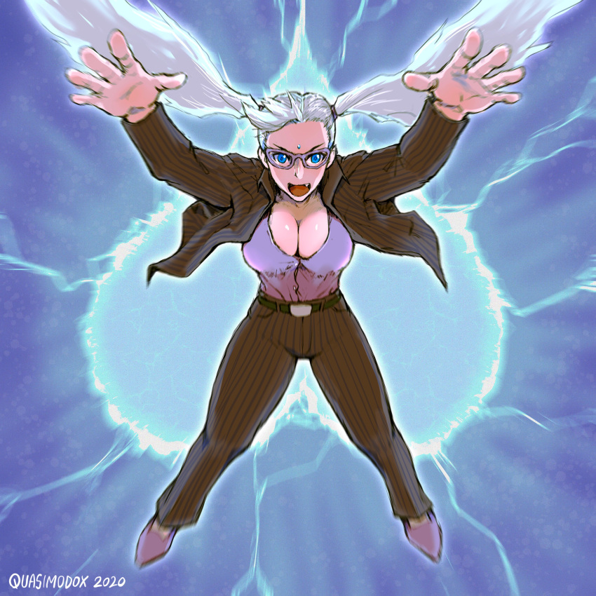 1girl absurdres aegis_reflector alternate_hair_color arms_up belt bespectacled blue_eyes breasts cleavage commentary cosplay electricity energy_ball english_commentary fang forehead_jewel formal full_body glasses grey_hair grey_suit highres large_breasts long_hair motion_blur pants pinstripe_jacket pinstripe_pants pinstripe_pattern pinstripe_suit plunging_neckline pointy_footwear purple_shirt quasimodox rainbow_mika shirt solo street_fighter street_fighter_v striped suit twintails urien urien_(cosplay) very_long_hair