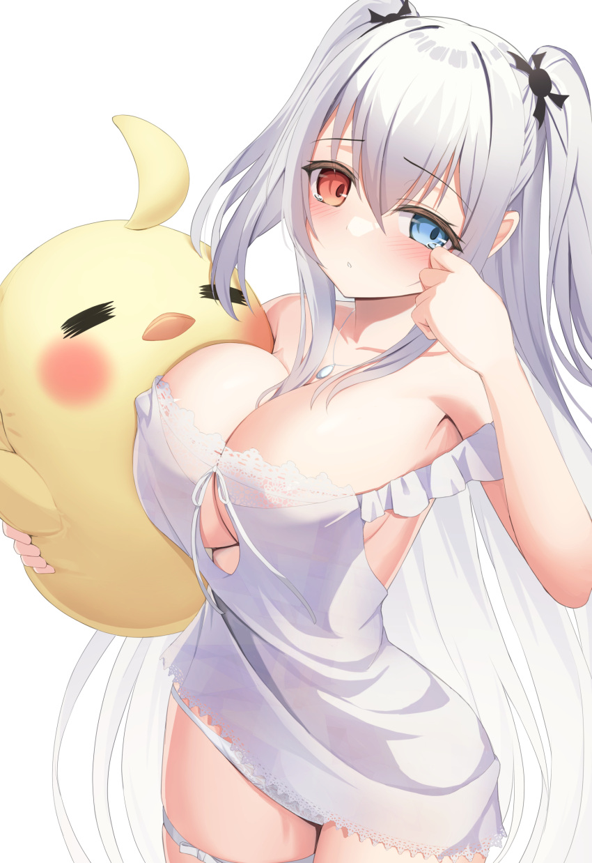 1girl absurdres azur_lane bare_shoulders bird blue_eyes blush breasts cleavage covered_nipples elbing_(azur_lane) elbing_(sleepless_night's_wishes)_(azur_lane) hair_ribbon hand_up heterochromia highres humo jewelry lace_trim large_breasts long_hair looking_at_viewer manjuu_(azur_lane) multicolored_eyes necklace nightgown panties red_eyes ribbon simple_background thigh_strap thighs two_side_up underwear white_background white_hair white_nightgown white_panties