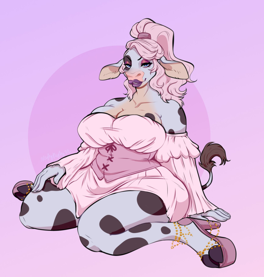 2022 anthro big_breasts biped blue_eyes bovid bovine breasts cattle clothed clothing eleanor female footwear fully_clothed hair hi_res high_heels holstein_friesian_cattle lips mammal nastypasty pink_background pink_hair ponytail purple_lips simple_background sitting solo tail tail_tuft tuft wariza