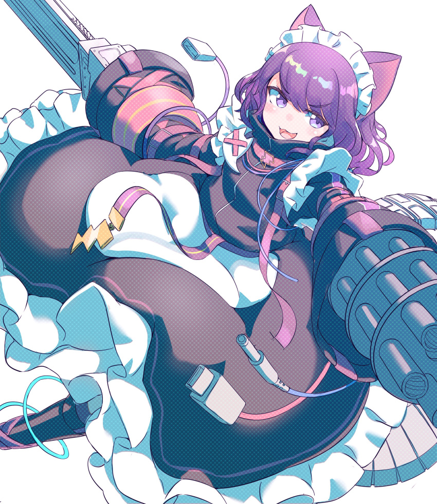 1girl :3 absurdres animal_ears bangs black_dress cat_ears cat_girl chainsaw dress gatling_gun highres indie_virtual_youtuber kuromiya_tima long_hair long_sleeves lowlandgorilla maid maid_headdress open_mouth purple_eyes purple_hair smile solo virtual_youtuber