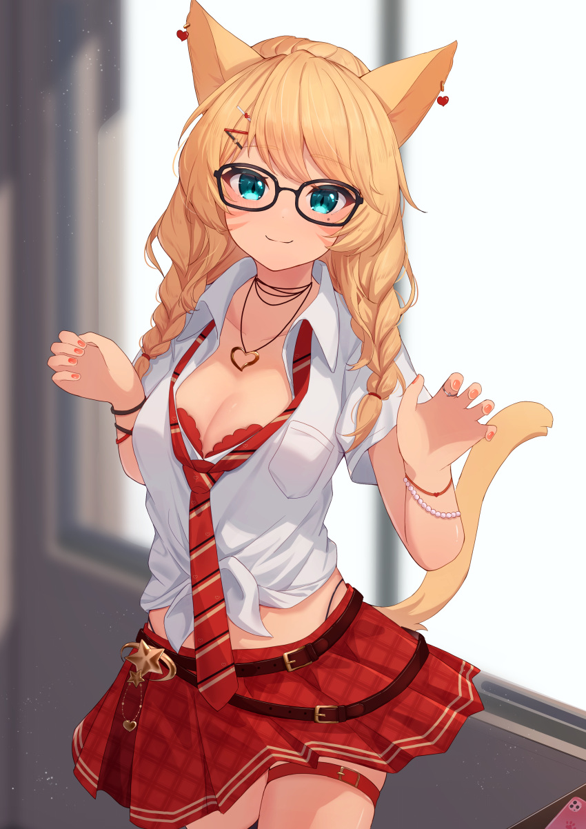 1girl absurdres animal_ears avatar_(ff14) backlighting bangs black-framed_eyewear black_panties blonde_hair blue_eyes blurry blurry_background bra braid breasts cat_ears cat_girl cat_tail cleavage closed_mouth collared_shirt commentary_request commission day depth_of_field diagonal-striped_necktie dress_shirt ear_piercing final_fantasy final_fantasy_xiv glasses hair_ornament hairclip hands_up heart highleg highleg_panties highres hinata_(user_rjkt4745) indoors kaiyoko_star long_hair low_twintails medium_breasts miqo'te mole mole_under_eye nail_polish necktie panties piercing plaid plaid_skirt pleated_skirt red_bra red_nails red_necktie red_skirt school_uniform shirt short_sleeves skeb_commission skirt smile solo sunlight tail tied_shirt twin_braids twintails underwear white_shirt window