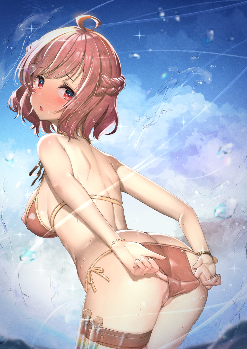 1girl absurdres ahoge ass back bangs bikini bikini_pull bikini_top_aside blue_sky blush bracelet braid breasts butt_crack clothes_pull cloud commentary_request commission day embarrassed full-face_blush highres ichihachiyon jewelry medium_breasts nipples ocean open_mouth original outdoors partially_visible_vulva pixiv_commission red_eyes red_hair shoulder_blades simple_background sky solo standing swimsuit test_tube thigh_strap wedgie