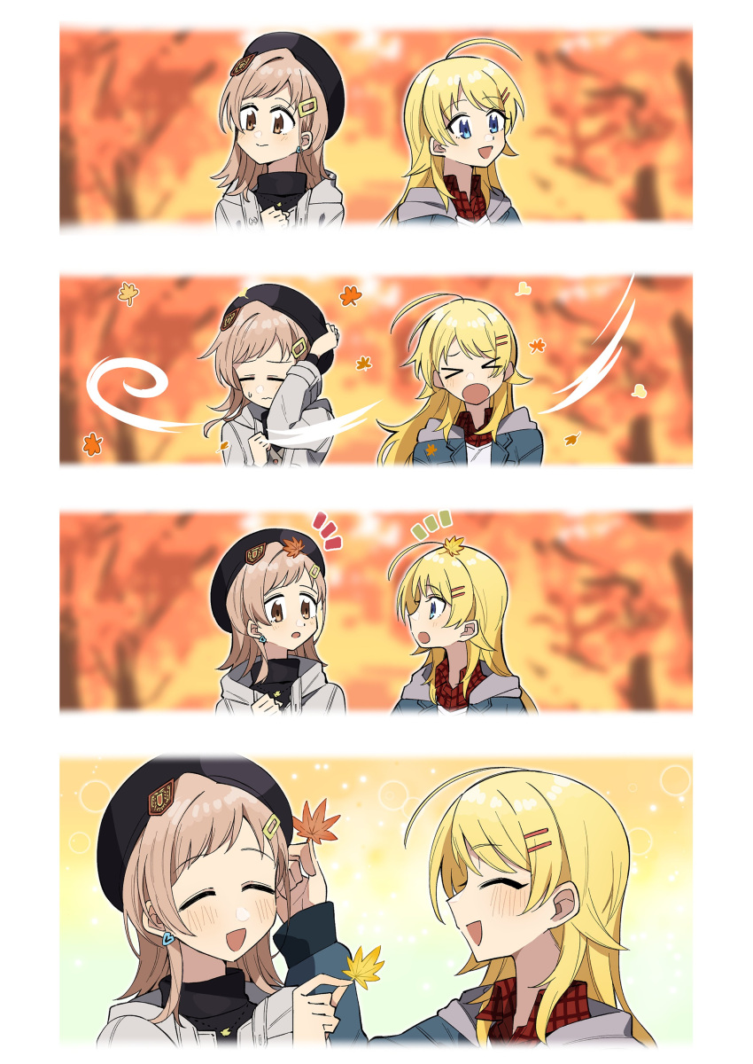 &gt;_&lt; 2girls absurdres ahoge autumn_leaves bangs beret black_headwear black_sweater blonde_hair blue_eyes blue_jacket blurry blurry_background brown_eyes checkered_clothes checkered_shirt closed_eyes coat commentary_request earrings grey_coat hachimiya_meguru hair_flaps hair_ornament hairclip hat highres holding holding_leaf hood hooded_jacket idolmaster idolmaster_shiny_colors jacket jewelry leaf leaf_on_head light_brown_hair long_hair looking_at_another looking_to_the_side multiple_girls multiple_views open_mouth outdoors red_shirt sakuragi_mano shirt short_hair smile sweater tree trike_03 turtleneck upper_body wavy_mouth wind wing_collar