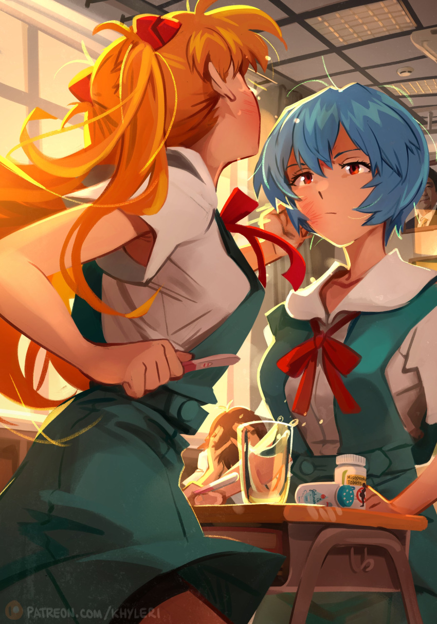 1boy 2girls :| abe_shinzou absurdres ayanami_rei blue_hair brown_hair closed_mouth commentary cup desk english_commentary expressionless highres ikari_shinji implied_pregnancy indoors khyle. looking_at_another multiple_girls neon_genesis_evangelion orange_hair pill_bottle portrait_(object) pregnancy_test red_eyes school_desk school_uniform short_hair slap_mark slap_mark_on_face slapping souryuu_asuka_langley tokyo-3_middle_school_uniform twintails water