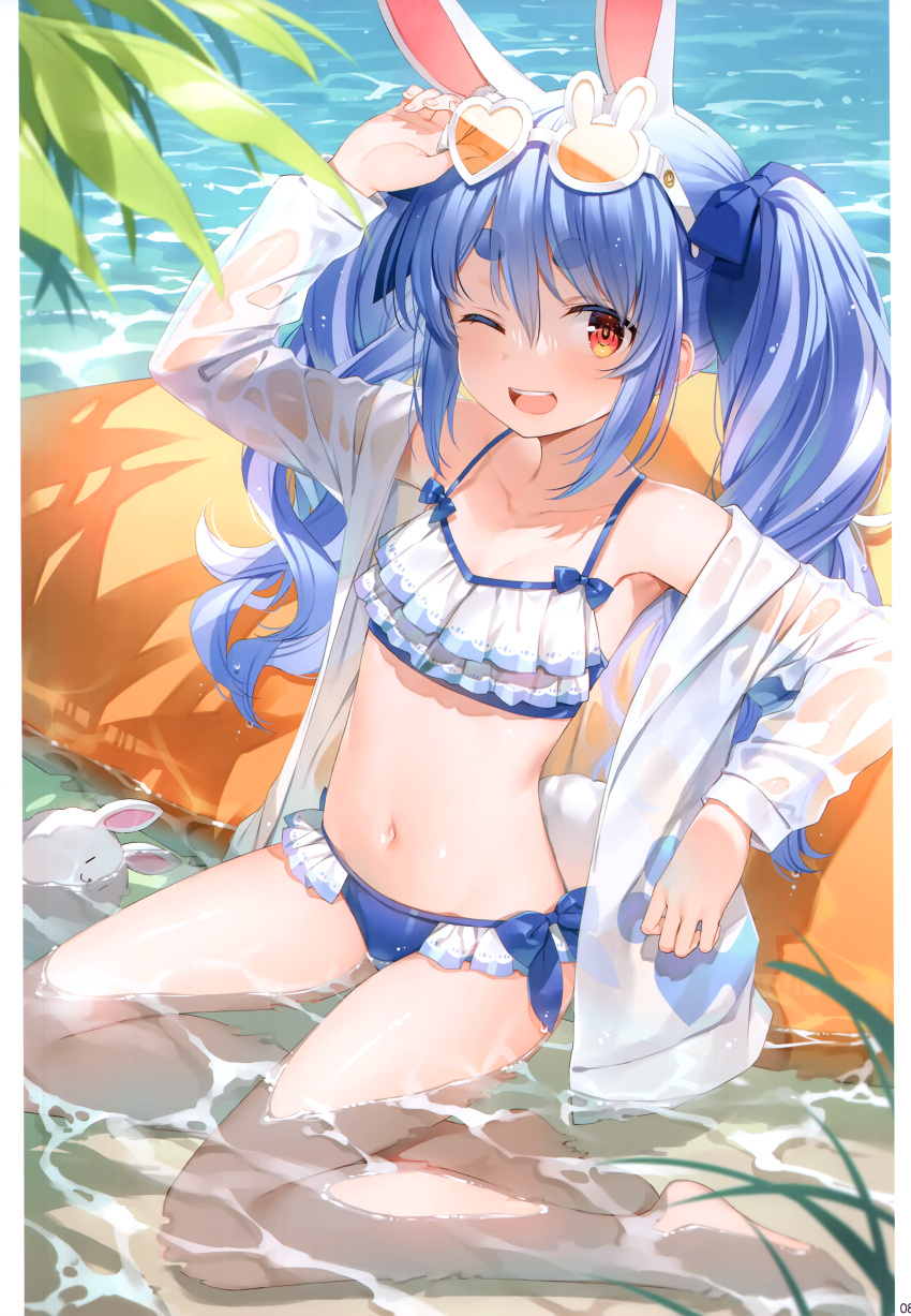 1girl absurdres bangs bikini blue_hair collarbone highres hololive looking_at_viewer multicolored_hair navel one_eye_closed orange_hair scan simple_background sitting solo stomach swimsuit two-tone_hair usada_pekora virtual_youtuber white_hair yuuki_hagure