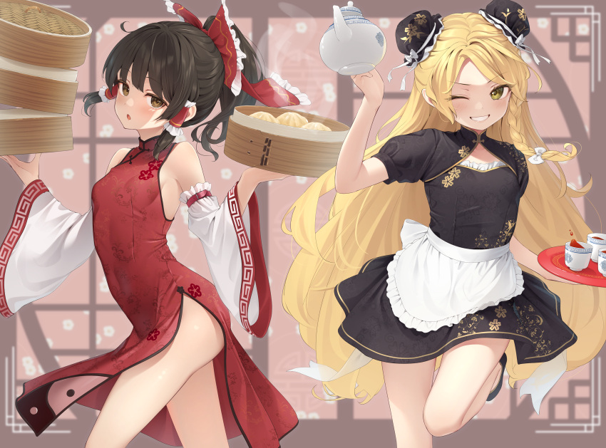 2girls :o ;d absurdres alternate_costume ass bamboo_steamer bangs blonde_hair bow braid breasts brown_eyes brown_hair bun_cover china_dress chinese_clothes detached_sleeves dress flat_chest from_side grin hair_bow hair_tubes hakurei_reimu hands_up highres holding kanpa_(campagne_9) kirisame_marisa long_hair multiple_girls one_eye_closed open_mouth sideboob small_breasts smile standing standing_on_one_leg teapot teeth touhou tray very_long_hair wide_sleeves yellow_eyes