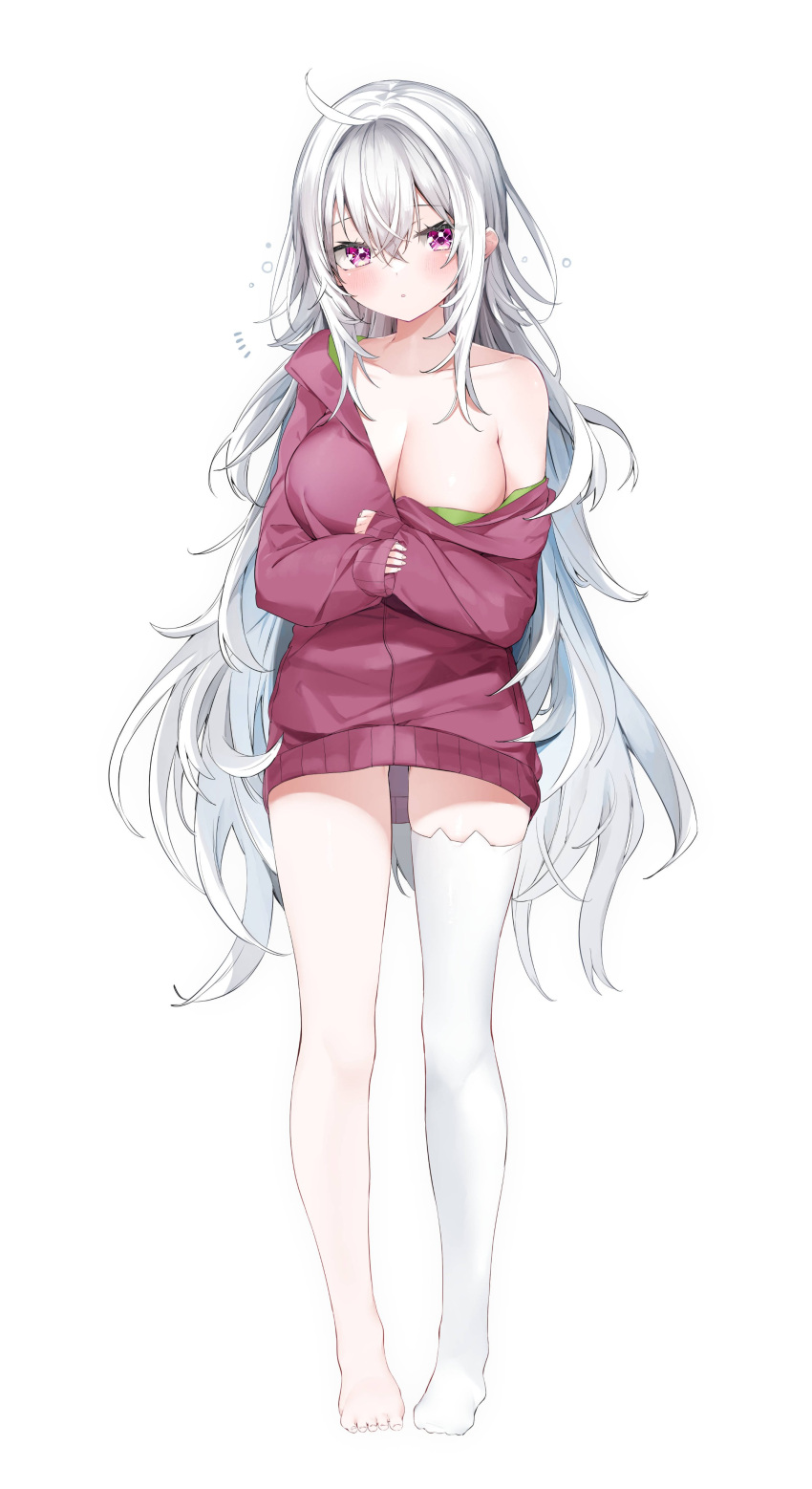 1girl absurdres ahoge animal_ear_legwear bangs bare_shoulders barefoot breasts cat_ear_legwear cleavage closed_mouth collarbone commentary_request full_body hair_between_eyes highres jacket kamioka_shun'ya large_breasts long_hair long_sleeves looking_at_viewer no_shoes off_shoulder open_clothes open_jacket original puffy_long_sleeves puffy_sleeves purple_eyes purple_jacket shiori_(kamioka_shun'ya) simple_background single_thighhigh sleeves_past_wrists solo standing thighhighs very_long_hair white_background white_hair white_thighhighs