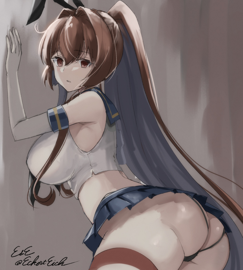 1girl ass black_neckerchief black_panties blue_sailor_collar blue_skirt cosplay crop_top eckert&amp;eich elbow_gloves gloves highleg highleg_panties highres kantai_collection looking_at_viewer microskirt neckerchief one-hour_drawing_challenge panties ponytail sailor_collar shimakaze_(kancolle) shimakaze_(kancolle)_(cosplay) signature skirt solo striped striped_thighhighs thighhighs thong underwear white_gloves yamato_(kancolle)