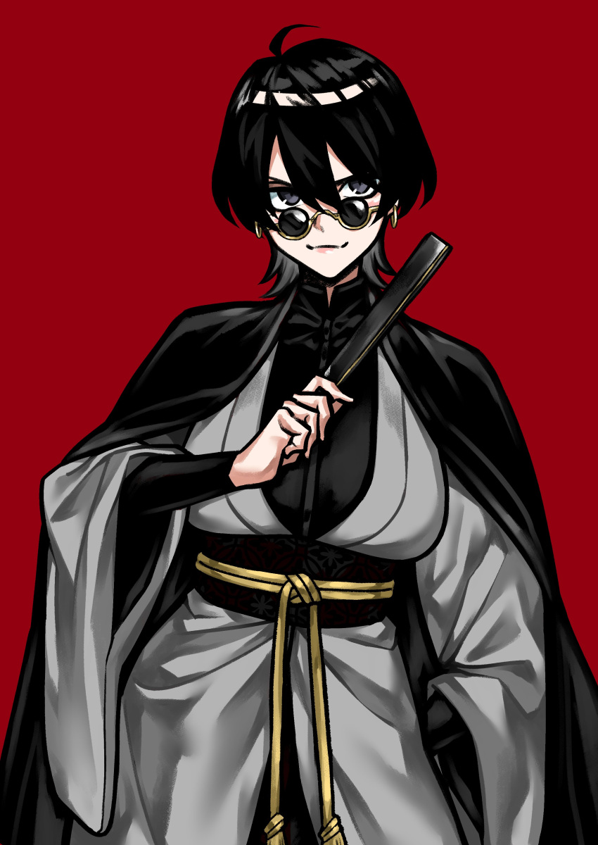 1girl absurdres ahoge black_hair breasts character_request closed_mouth copyright_request grey_eyes grey_kimono hair_between_eyes hand_fan highres holding holding_fan japanese_clothes kimono looking_at_viewer obi red_background sash short_hair simple_background smile solo standing yotaro