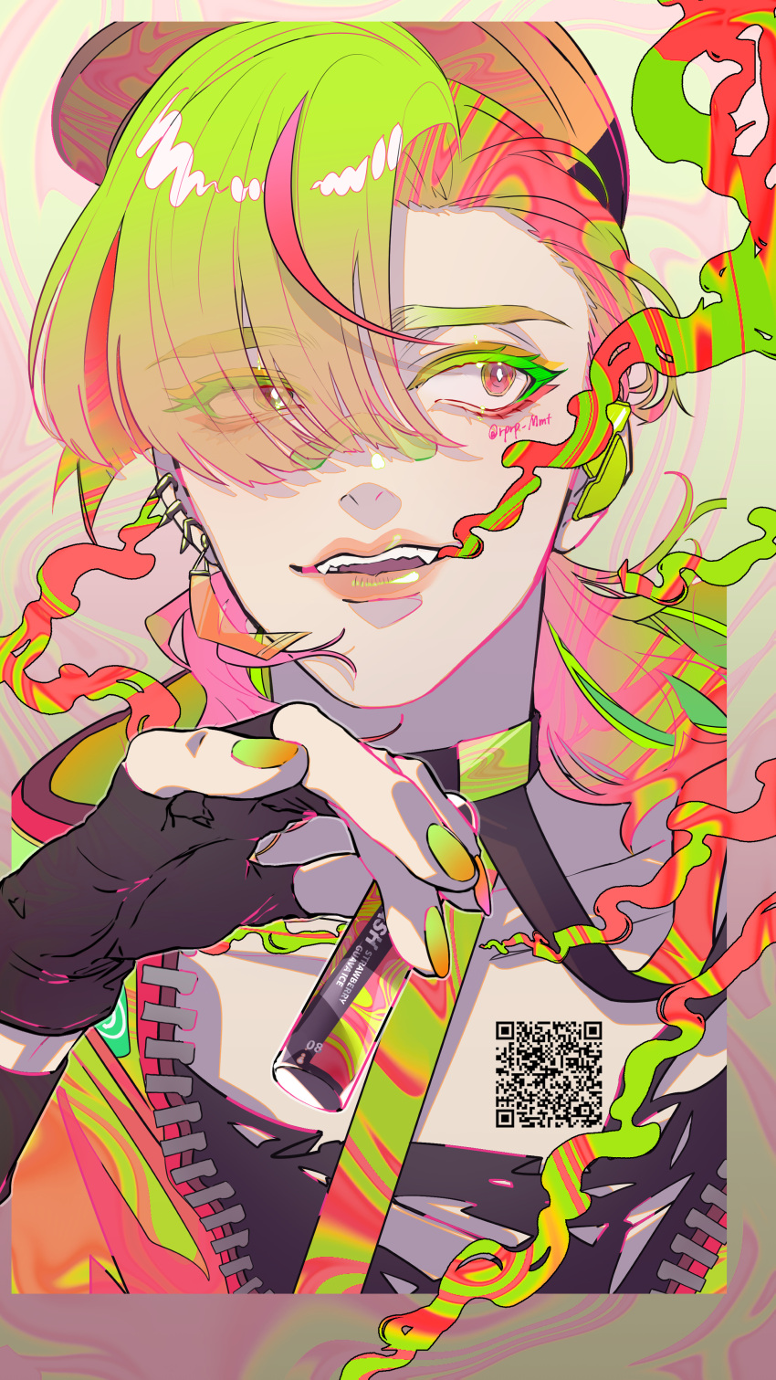 1boy absurdres bangs black_gloves cigarette ear_piercing electronic_cigarette eyes_visible_through_hair fangs fingerless_gloves gloves green_hair hair_over_one_eye highres holding holding_cigarette lips male_focus multicolored_hair nail_polish open_mouth original piercing pink_eyes pink_hair portrait qr_code sazanamiryo teeth twitter_username upper_teeth_only