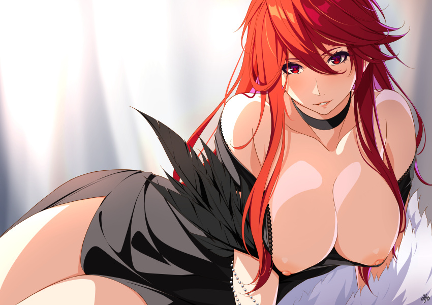 1girl absurdres bad_source bare_shoulders beads black_dress breast_slip breasts breasts_out collar commission commissioner_upload douluo_dalu dress fur_trim highres large_breasts long_hair looking_at_viewer ma_xiaotao_(douluo_dalu) mature_female nipple_slip nipples parted_lips qwel_08 red_hair skeb_commission teeth upper_body