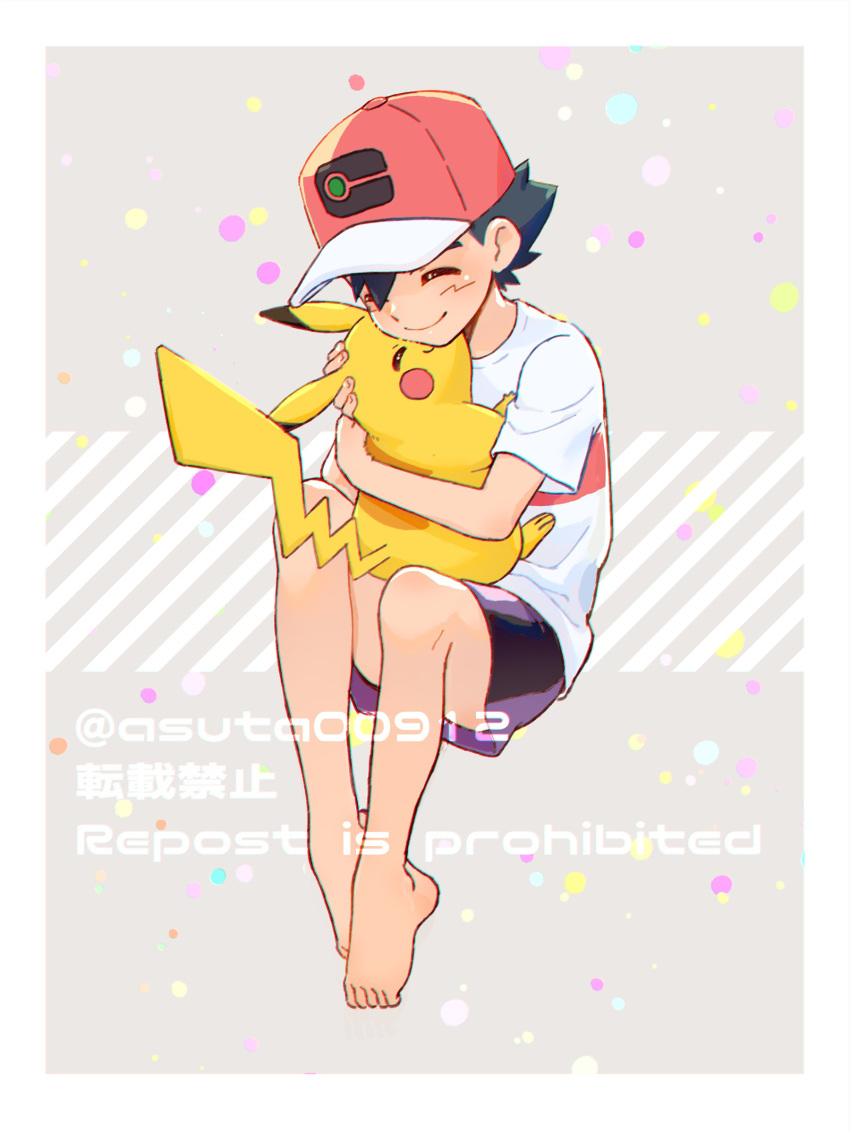 1boy absurdres affectionate ash_ketchum bangs bare_legs barefoot baseball_cap black_hair border closed_eyes closed_mouth commentary hat highres holding holding_pokemon male_focus ok_(asuta00912) pikachu pokemon pokemon_(anime) pokemon_(creature) pokemon_journeys shirt short_hair short_sleeves shorts smile t-shirt toes twitter_username watermark white_border white_shirt