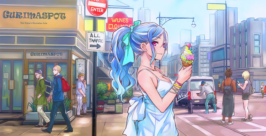 blue_dress blue_hair bracelet breasts cleavage commentary_request crowd day dress hair_ribbon ice_cream_cone jewelry kujou_non medium_breasts necklace original pink_eyes ribbon solo_focus spaghetti_strap summer sundress twintails walking