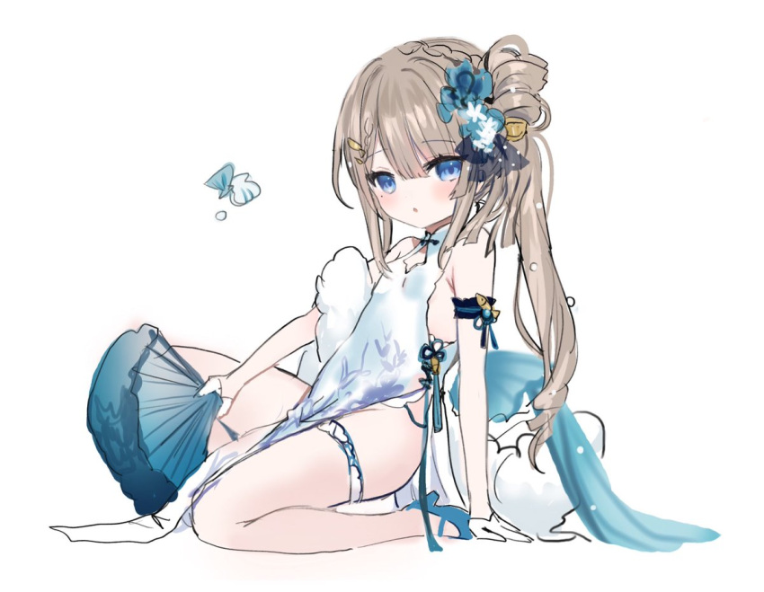 1girl :o arm_support bangs blue_eyes blue_flower blue_footwear braid breasts brown_hair china_dress chinese_clothes commentary_request dress flower folding_fan full_body gloves hair_between_eyes hair_flower hair_ornament hand_fan high_heels holding holding_fan indie_virtual_youtuber long_hair looking_at_viewer lutra_lutra parted_lips pelvic_curtain shiodome_oji shoes simple_background sleeveless sleeveless_dress small_breasts solo very_long_hair virtual_youtuber white_background white_dress white_gloves