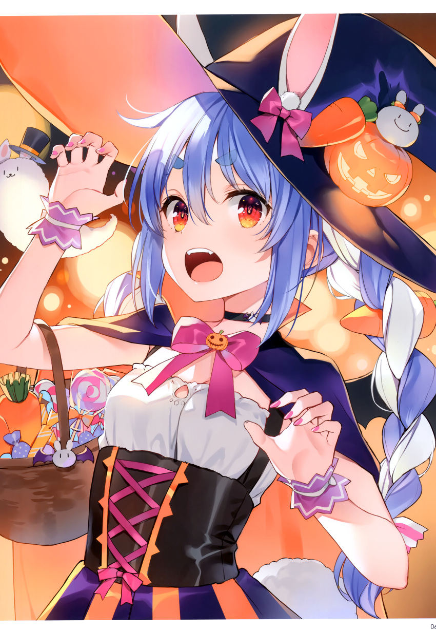 1girl absurdres bangs basket blue_hair fingernails halloween_costume hands_up highres holding hololive looking_at_viewer multicolored_hair open_mouth orange_hair scan simple_background solo two-tone_hair usada_pekora virtual_youtuber white_hair wrist_cuffs yuuki_hagure