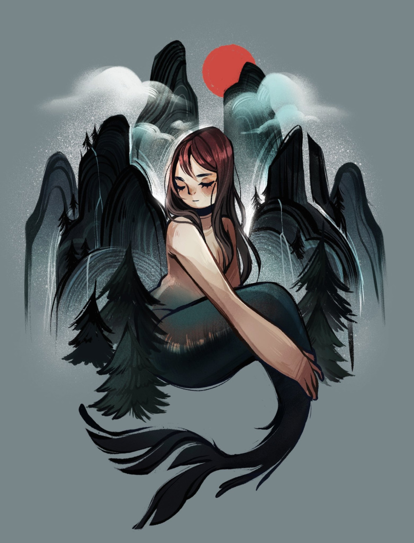 1girl closed_eyes commentary english_commentary feefal fins hair_over_breasts highres kneeless_mermaid long_hair mermaid monster_girl mountain mountainous_horizon original pine_tree red_hair red_sun simple_background solo topless tree water waterfall