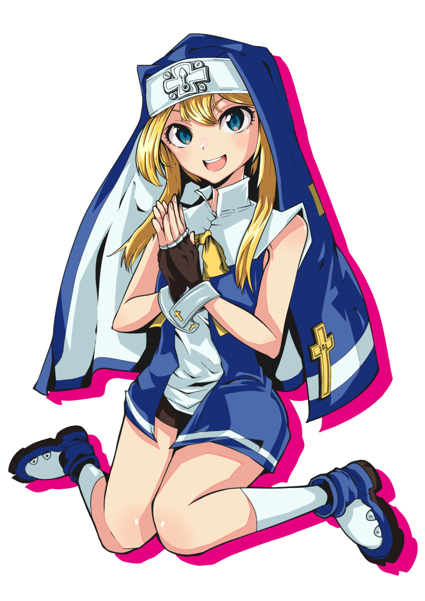 1boy bike_shorts black_gloves blonde_hair blue_dress blue_eyes bow bridget_(guilty_gear) cross cuffs dress fingerless_gloves gloves guilty_gear guilty_gear_xx habit highres latin_cross looking_at_viewer male_focus mars_symbol nun otoko_no_ko ribbon sanda_(33tnd) short_hair_with_long_locks yellow_bow yellow_ribbon