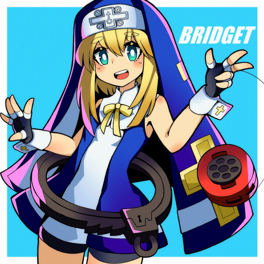 1boy aqua_eyes bare_shoulders bike_shorts black_gloves blonde_hair blue_dress bridget_(guilty_gear) character_name cross cuffs dress fingerless_gloves gloves guilty_gear guilty_gear_xx habit handcuffs highres latin_cross looking_at_viewer male_focus mars_symbol nun otoko_no_ko ribbon smile yellow_ribbon yo-yo yomura_(yohann48)