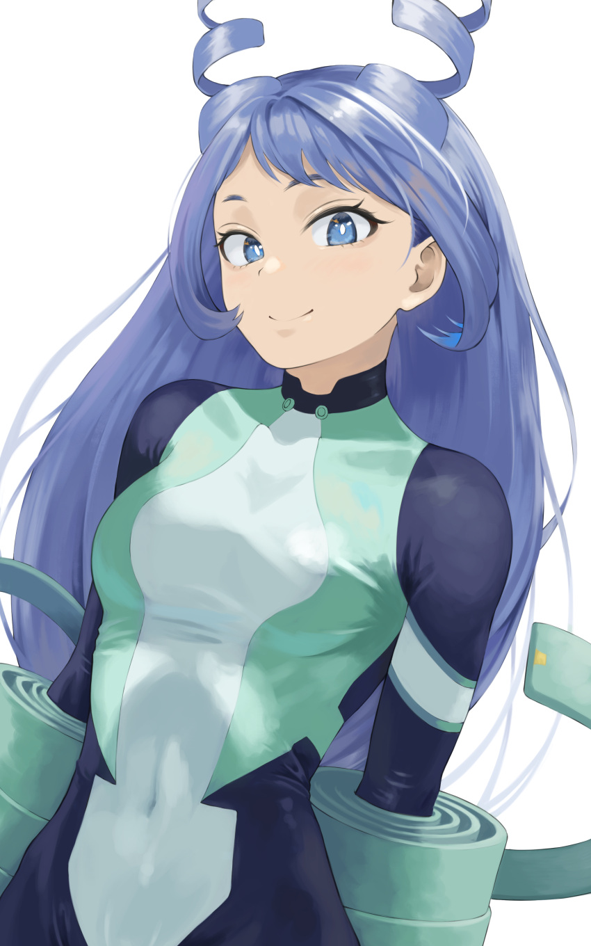 1girl absurdres blue_bodysuit blue_eyes blue_hair bodysuit boku_no_hero_academia breasts covered_navel drill_hair fengling_(furin-jp) gloves green_bodysuit hadou_nejire highres long_hair looking_at_viewer medium_breasts simple_background smile solo superhero twin_drills very_long_hair white_background