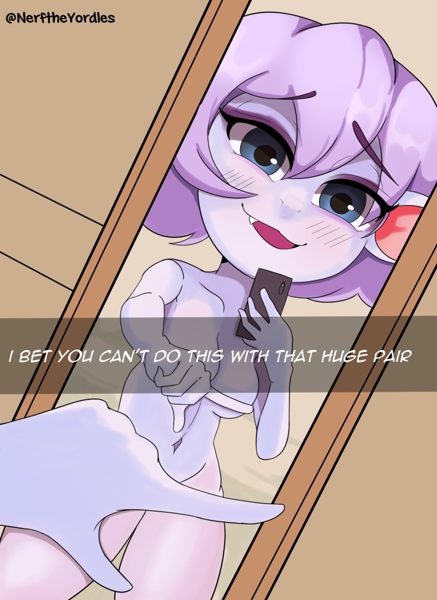 big_breasts blue_eyes blush blush_lines breasts covering covering_breasts covering_crotch female fur galstardust hair hi_res humanoid league_of_legends meme mirror mirror_selfie navel nerftheyordles nude one_finger_challenge open_mouth open_smile phone purple_body purple_fur purple_hair riot_games selfie short_stack smile snaggle_tooth snapchat solo text thick_thighs tristana_(lol) wide_hips yordle