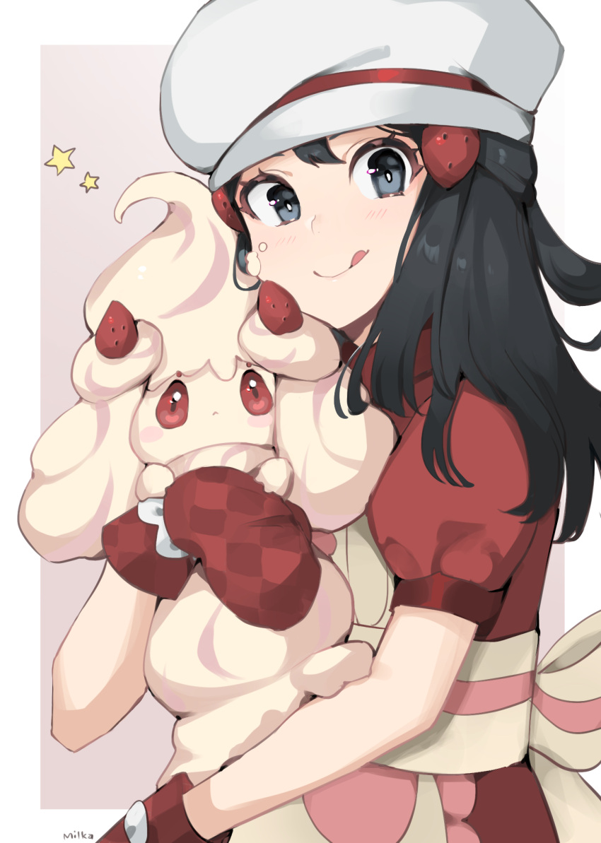 1girl :q alcremie alcremie_(strawberry_sweet) apron artist_name black_hair border bright_pupils chef_hat closed_mouth dawn_(palentine's_2021)_(pokemon) dawn_(pokemon) dress eyelashes grey_eyes hair_ornament hairclip hat highres holding holding_pokemon light_blush long_hair milka_(milk4ppl) official_alternate_costume outside_border oven_mitts pokemon pokemon_(creature) pokemon_(game) pokemon_masters_ex red_dress red_mittens short_sleeves sidelocks smile star_(symbol) tongue tongue_out white_border