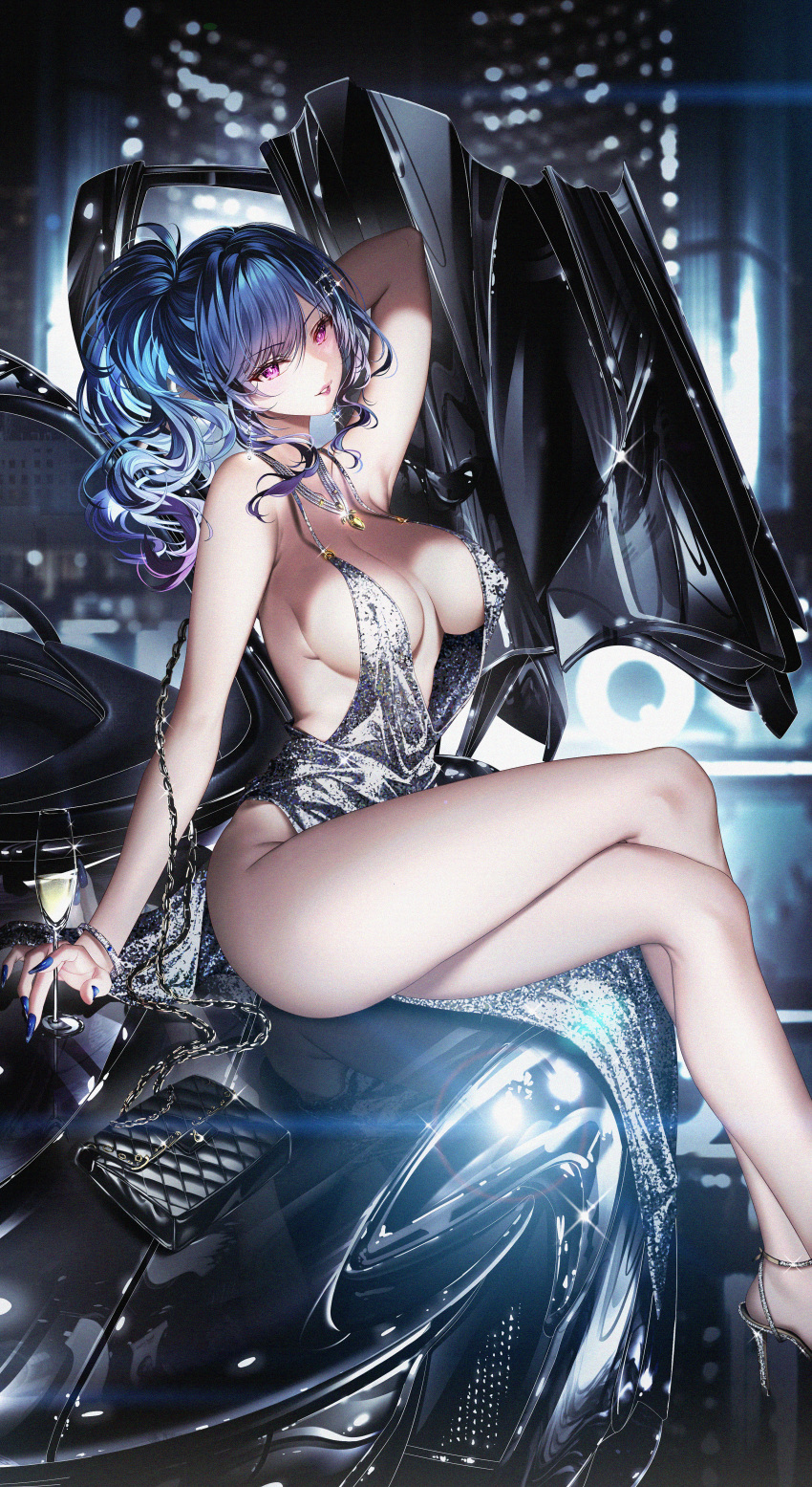 1girl absurdres arm_up azur_lane backless_dress backless_outfit bag bare_arms bare_legs bare_shoulders black_bag blue_hair blue_nails blurry breasts building car center_opening champagne_flute cocktail_dress colored_tips commentary crossed_legs cup depth_of_field dress drink drinking_glass feet_out_of_frame fingernails from_side glint ground_vehicle high_heels highres holding holding_cup holding_drink junpaku_karen large_breasts lips long_fingernails mclaren mclaren_p1 motor_vehicle multicolored_hair nail_polish night official_alternate_costume outdoors parted_lips plunging_neckline ponytail revealing_clothes shoulder_bag sideboob silver_dress sitting sitting_on_car sleeveless sleeveless_dress smile solo st._louis_(azur_lane) st._louis_(luxurious_wheels)_(azur_lane) strappy_heels thighs