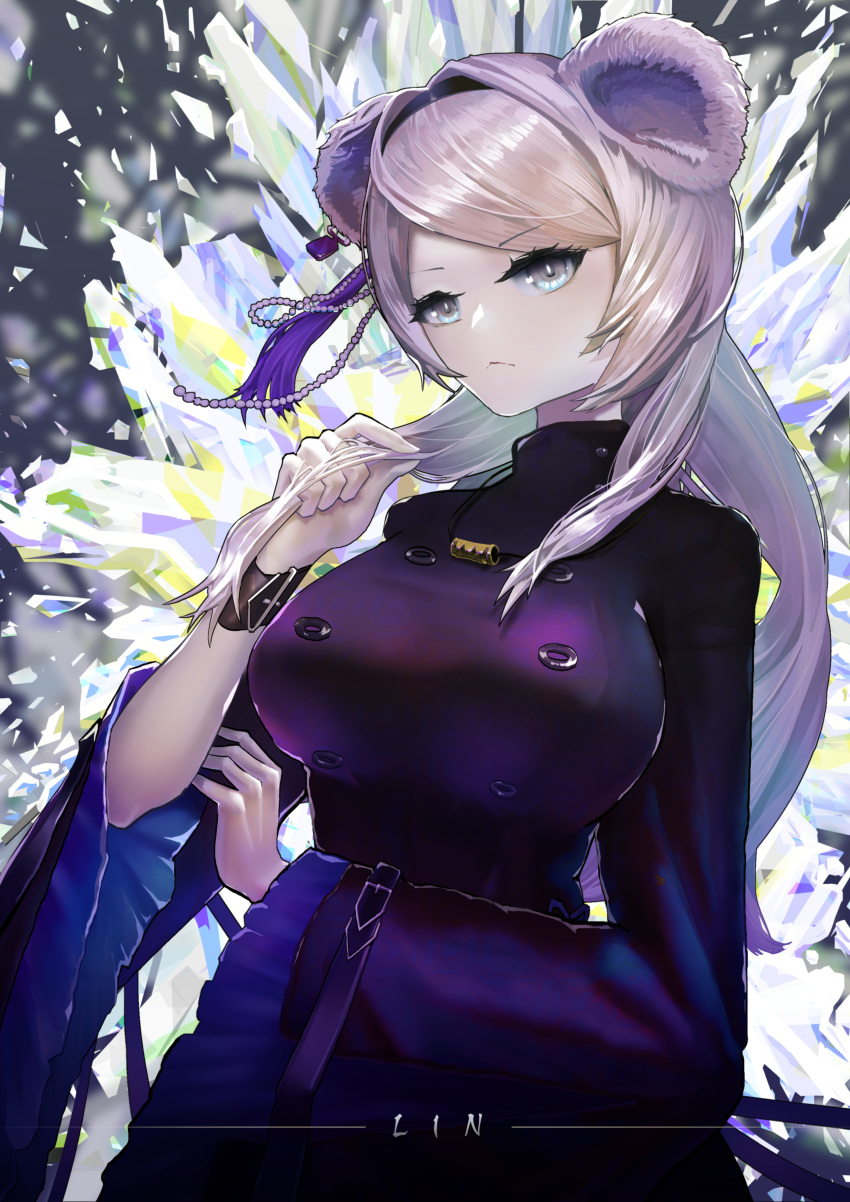 1girl absurdres animal_ears arknights bielin black_hairband breasts character_name commentary_request dress grey_eyes hairband highres large_breasts lin_(arknights) long_sleeves looking_at_viewer mouse_ears purple_dress purple_hair solo upper_body