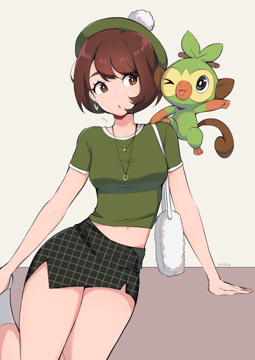 &gt;_o 1girl alternate_costume artist_name bag black_skirt breasts brown_eyes brown_hair earrings gloria_(pokemon) green_shirt grookey handbag hat highres jewelry looking_at_another medium_breasts milka_(milk4ppl) navel necklace one_eye_closed parted_lips pokemon pokemon_(creature) pokemon_(game) pokemon_swsh shirt short_hair short_sleeves skirt socks tam_o'_shanter tongue tongue_out white_socks