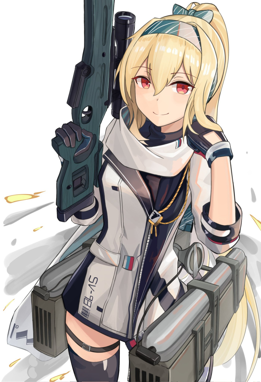 1girl bangs black_gloves black_thighhighs blonde_hair closed_mouth commentary english_commentary gamryous girls'_frontline gloves gun hair_between_eyes hands_up highres holding holding_gun holding_weapon jacket long_hair long_sleeves looking_at_viewer name_connection object_namesake red_eyes simple_background smile smoke solo standing sv-98 sv-98_(girls'_frontline) thighhighs very_long_hair weapon white_background white_jacket