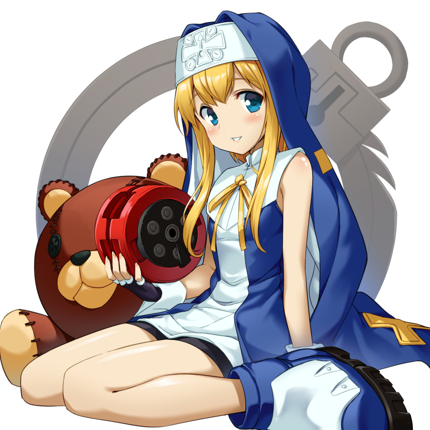 1boy aqua_eyes bare_shoulders bike_shorts black_gloves blonde_hair blue_dress blue_eyes blush bridget_(guilty_gear) cross cuffs dress fingerless_gloves gatou_illust gloves guilty_gear guilty_gear_xx habit handcuffs highres latin_cross looking_at_viewer male_focus mars_symbol nun otoko_no_ko roger_(guilty_gear) short_hair_with_long_locks sitting smile stuffed_animal stuffed_toy teddy_bear wariza yo-yo